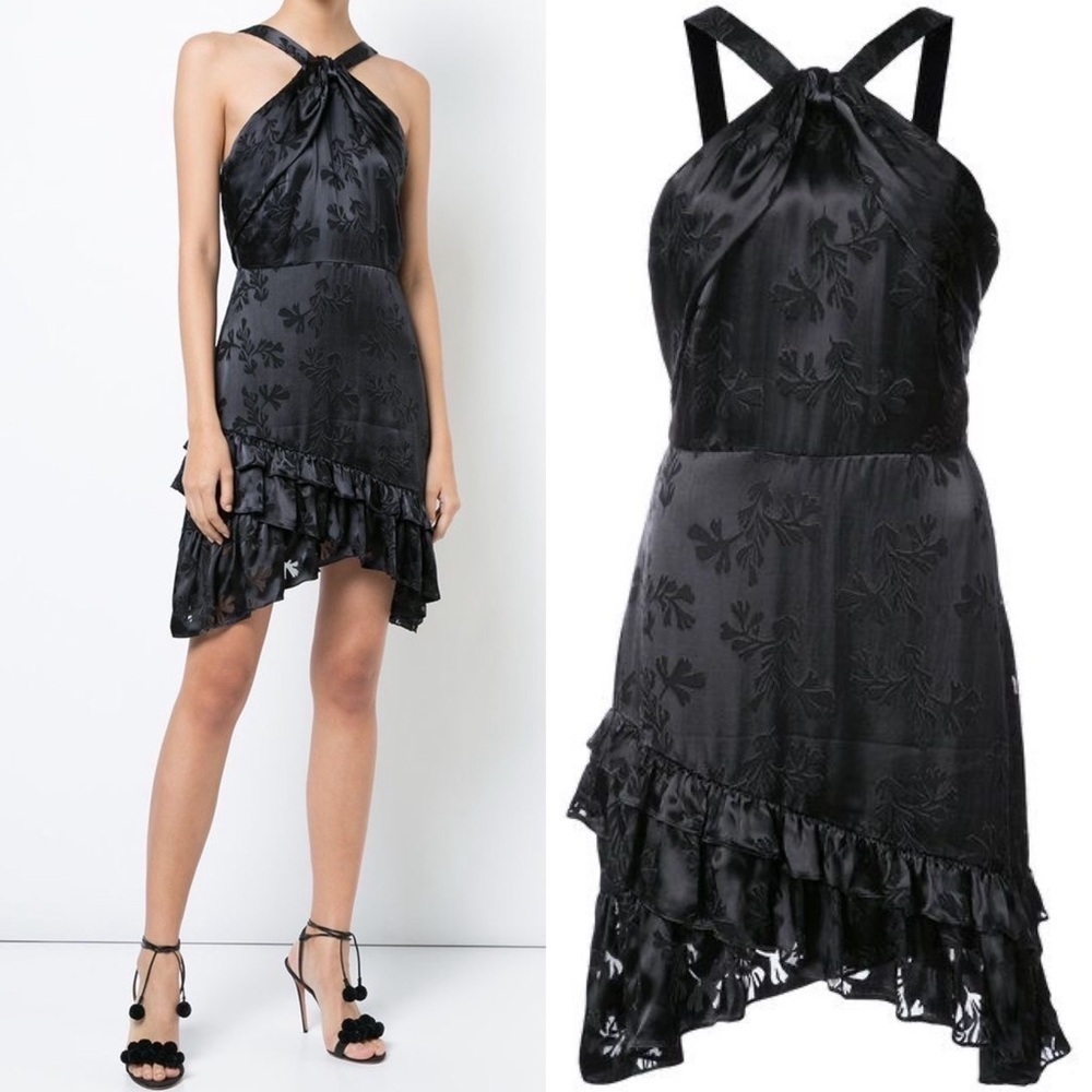 SALONI Faye Ruffled Silk Satin Jacquard Mini Dress Black NWT Medium